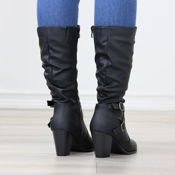 Black Mid Calf Block Heeled Boots Synthetic Leather Pointed Toe Womens - Picture 16 of 16